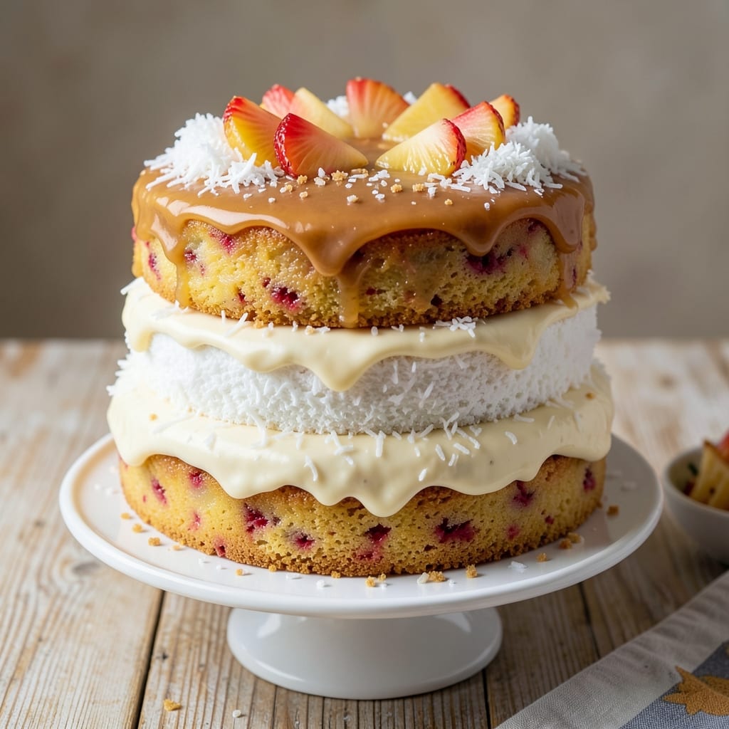 3 Layer Pineapple Coconut Cake Recipe: Golden Caramelized Top and Creamy Centers